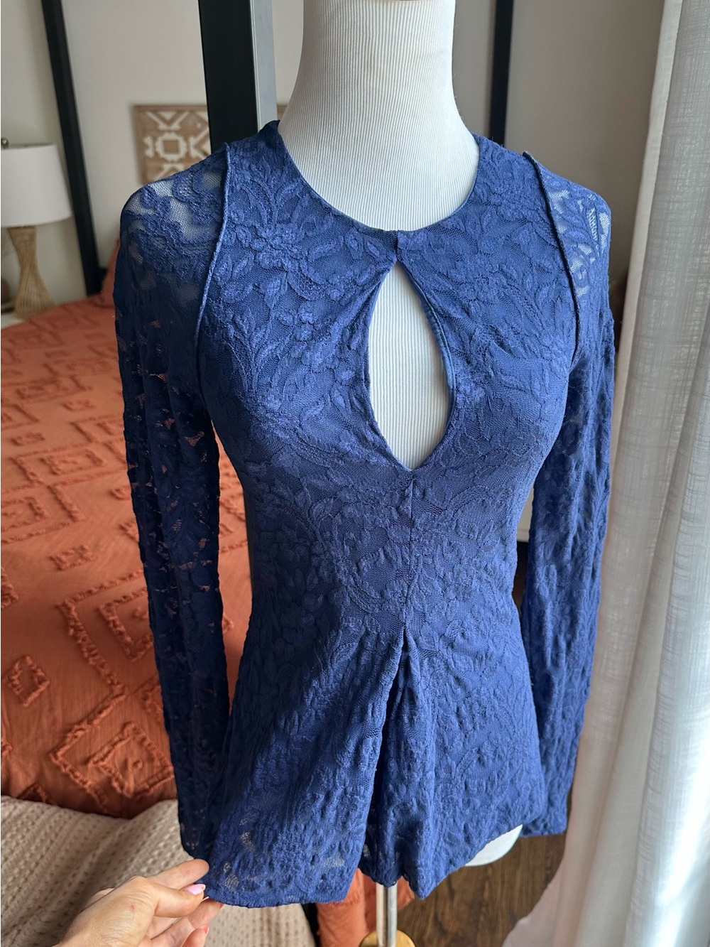 Moda International navy Lace Keyhole Long-Sleeve Top